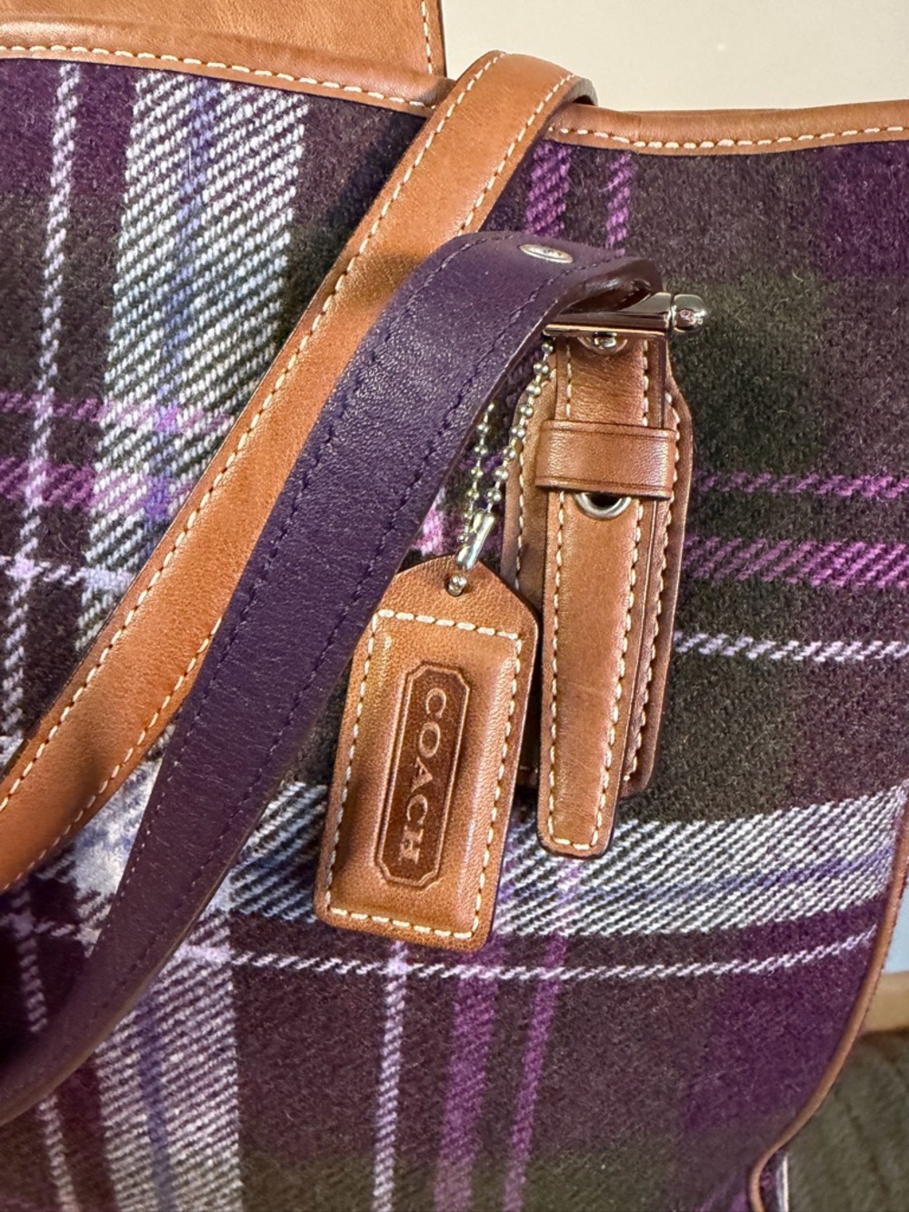 Vintage COACH Hampton Purple Tartan Plaid Wool Leather 83222 EUC - Picture 6 of 17